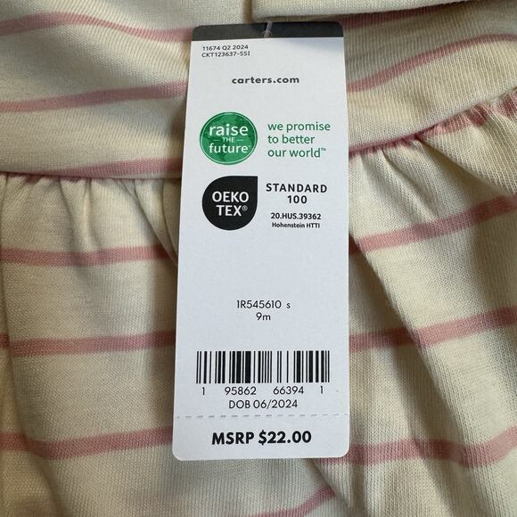 Carter's Striped Apple Dress with Underpants Baby Girls Size 9 Months Cream Pink - Picture 6 of 8